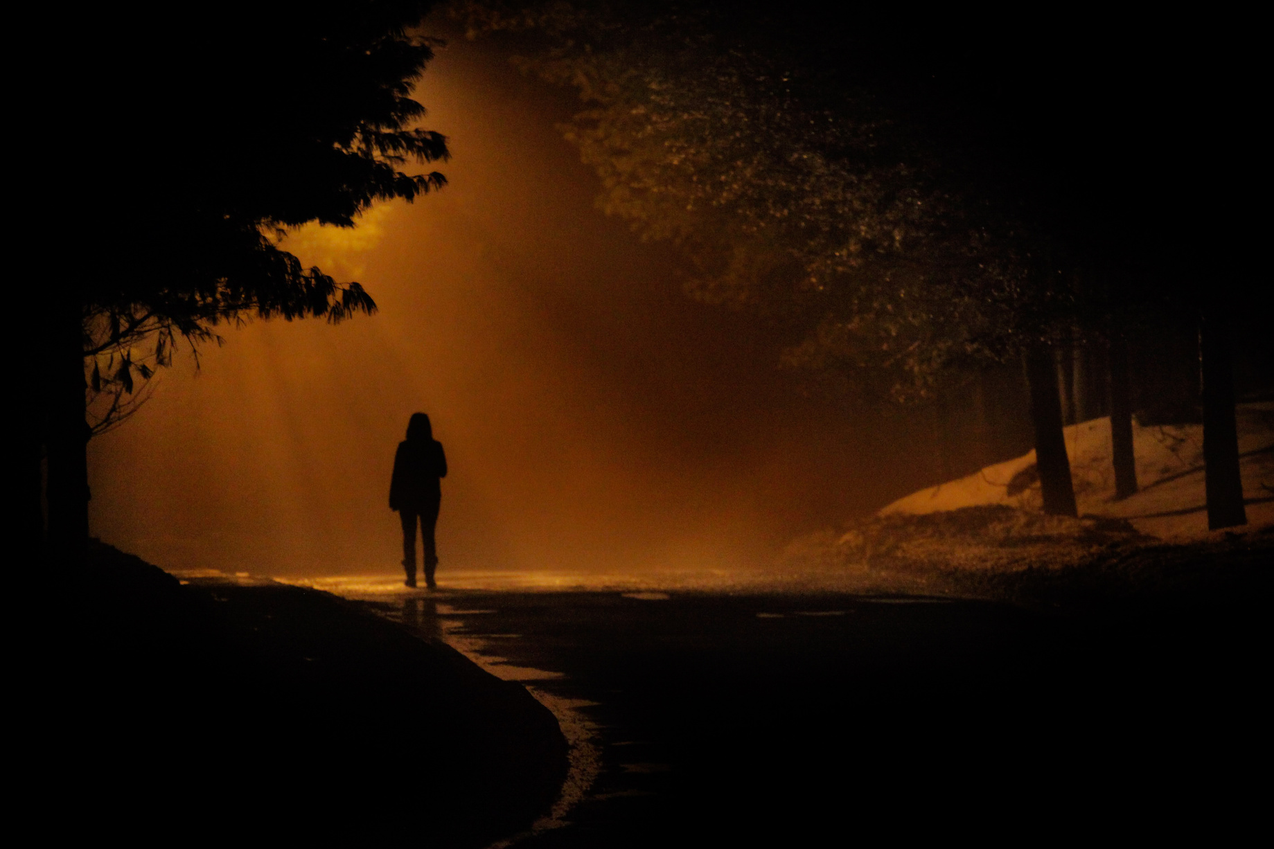 Silhouette of man walking toward sunlight